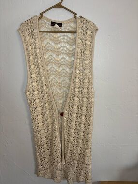 Crochet Open-Front Long Vest in Cream